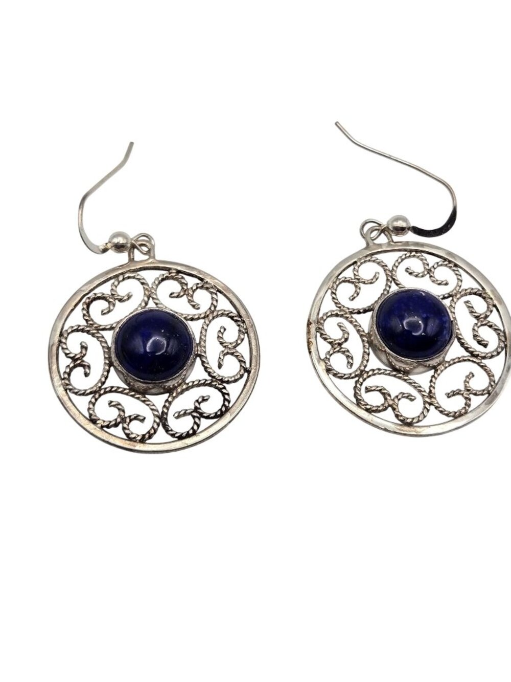 Vintage Brad 925 Sterling Silver Filigree Earrings Lapis Lazuli Dangle Hook